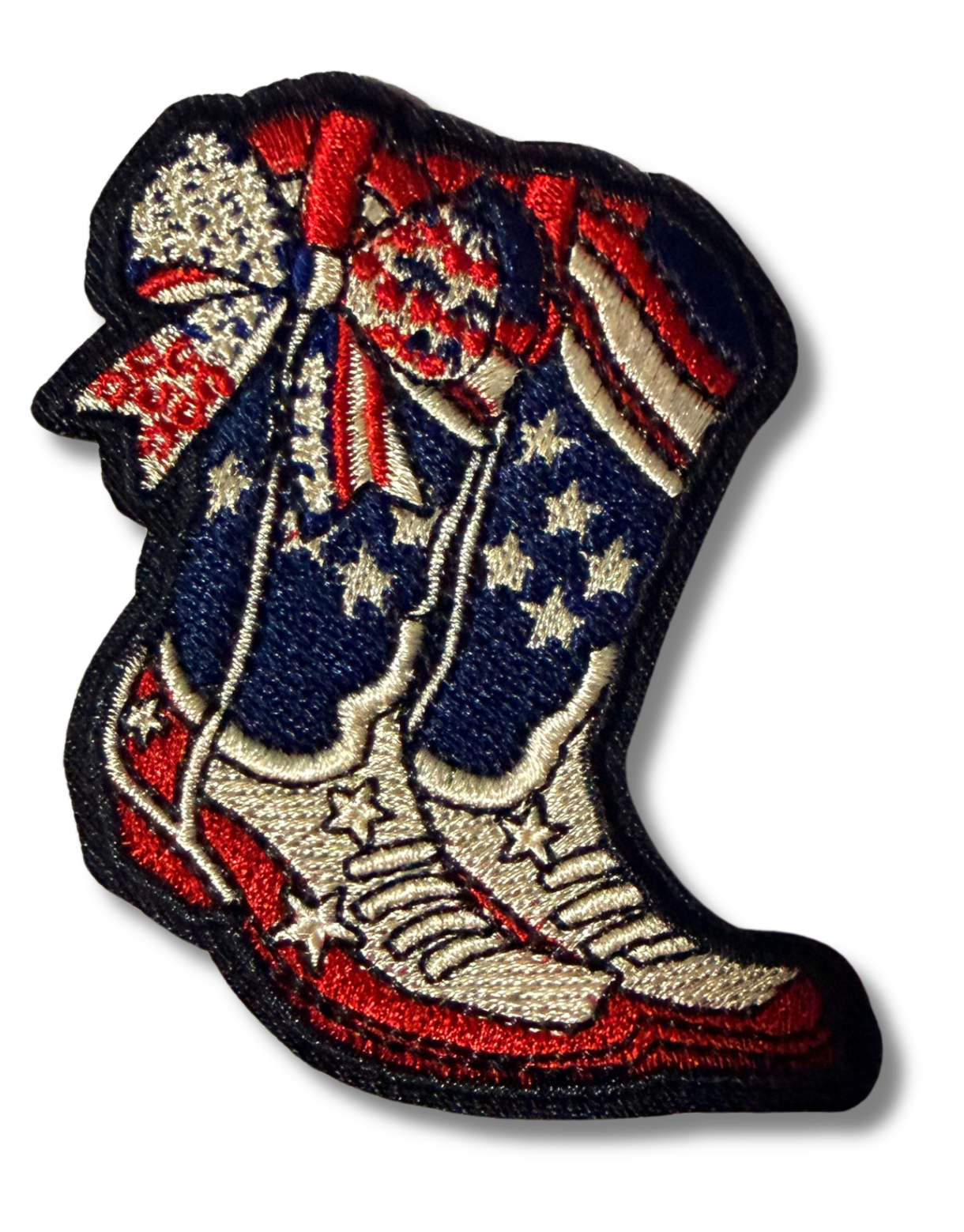 American flag cowboy boots embroidered patch with red, white, and blue flag design and detailed stitching on fabric patch.