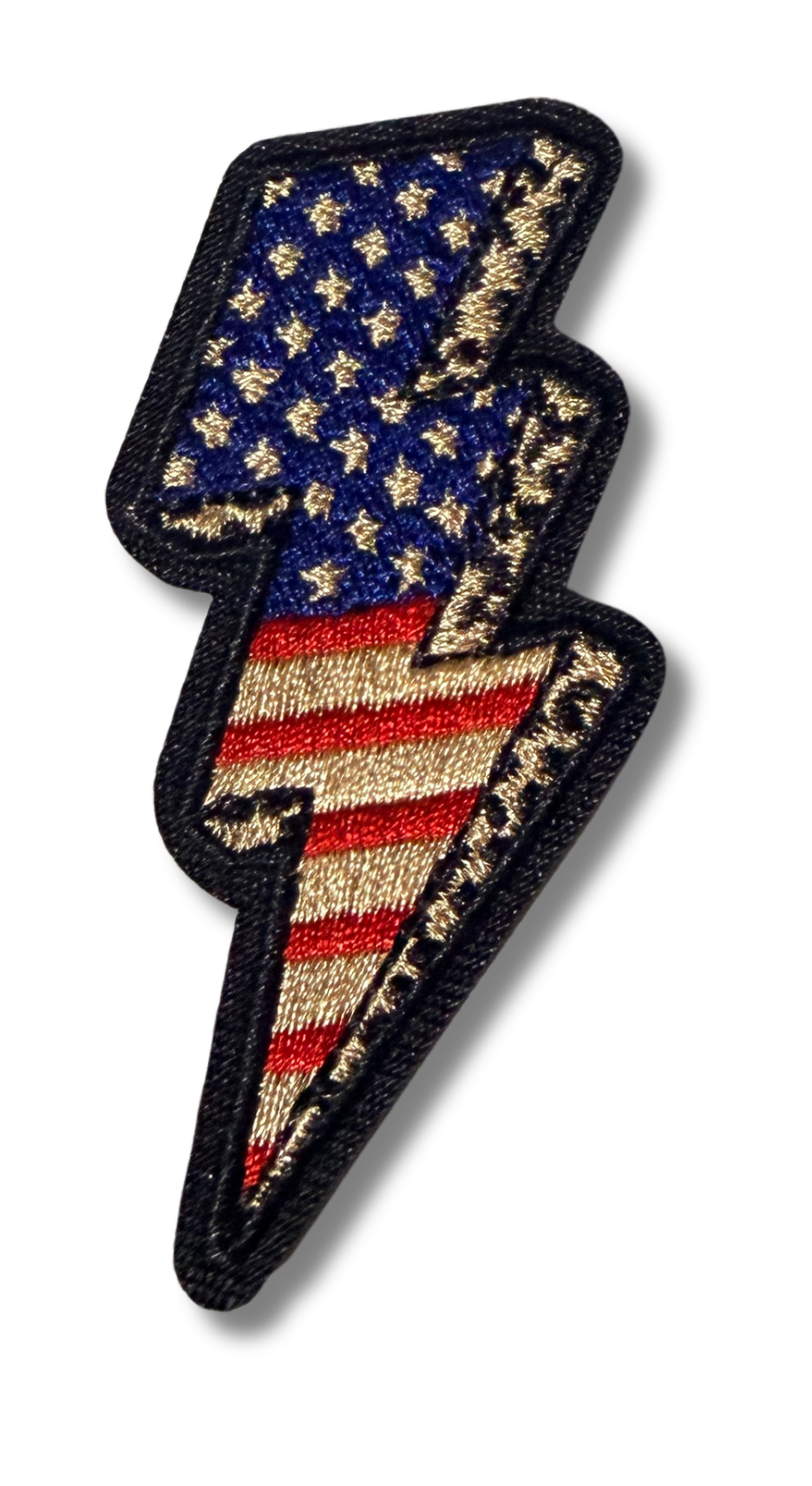 American flag lightning bolt patch by High Desert Hats, featuring vibrant colors and detailed stitching on durable fabric.