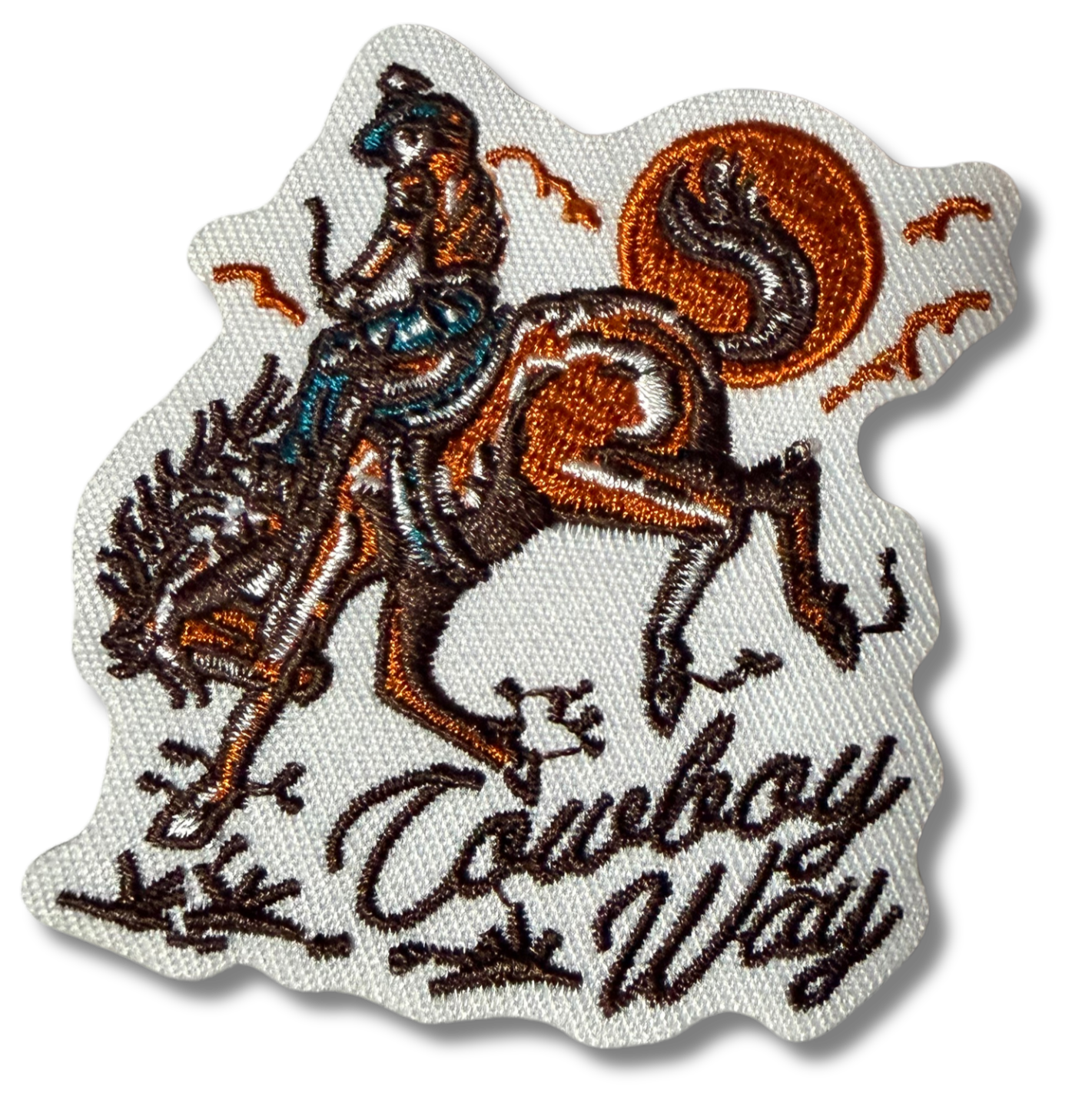 High Desert Hats Cowboy Way embroidered patch featuring detailed Western design with stitched borders and vibrant colors.