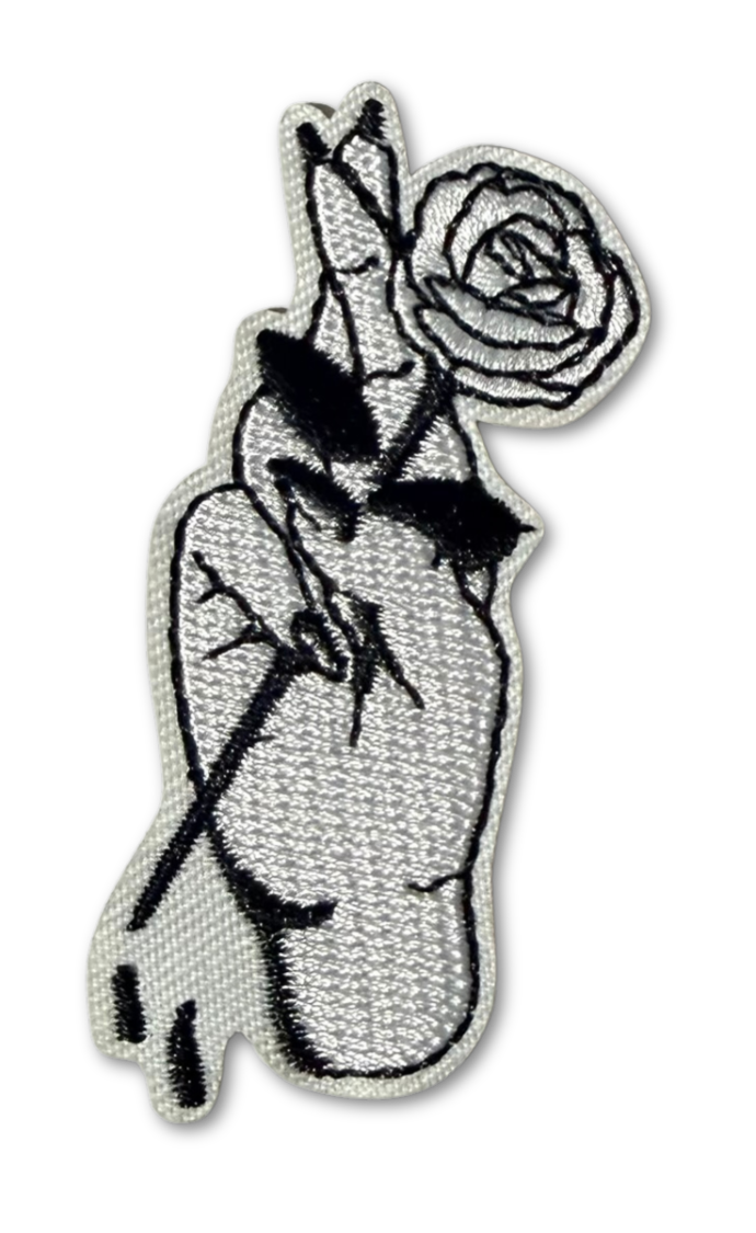 Rose embroidered patch with "Fingers Crossed" text, featuring detailed floral design, suitable for clothing or accessories.