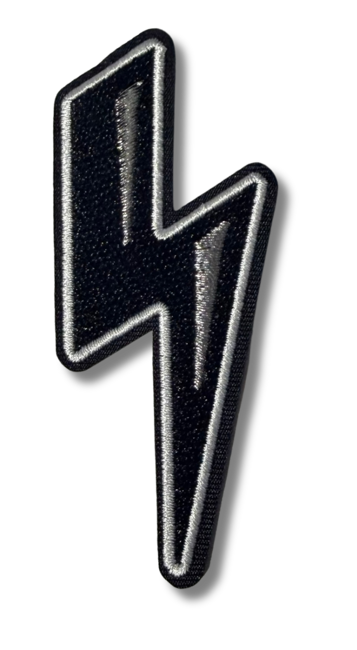 Large lightning bolt embroidered patch by High Desert Hats, featuring vibrant yellow and black lightning design on durable fabric.