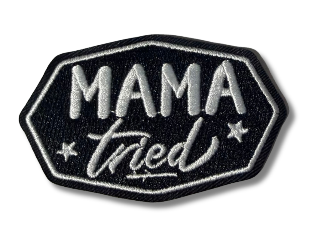 High Desert Hats Mama Tried embroidered patch with detailed stitching, featuring vintage motorcycle design on fabric patch.