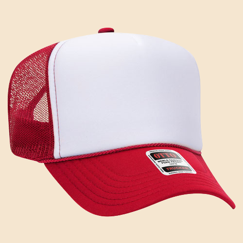 Red and white OTTO 5-panel mesh trucker hat by High Desert Hats, featuring classic trucker style with breathable mesh panels.