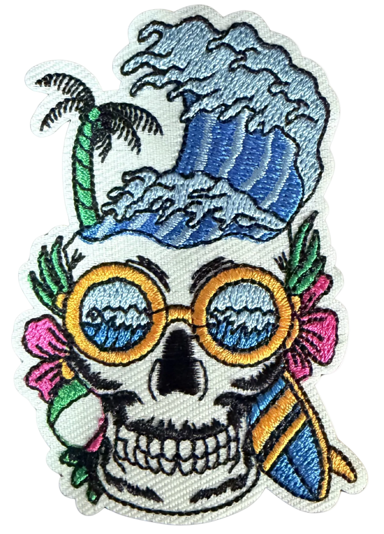 High Desert Hats Surfer Skull patch featuring a skull wearing sunglasses, ideal for clothing or accessories customization.