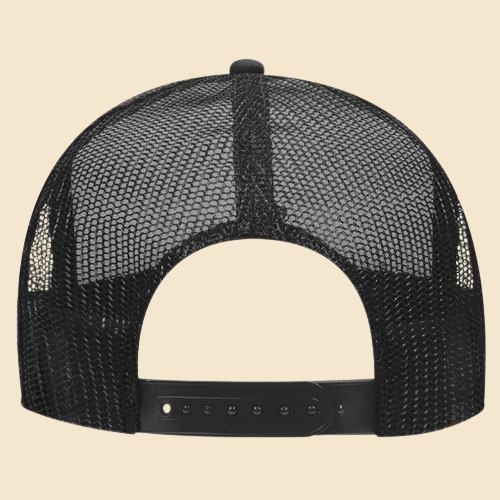 Black and white OTTO 5-panel mesh trucker hat by High Desert Hats, featuring a classic cap design with mesh panels and adjustable strap.
