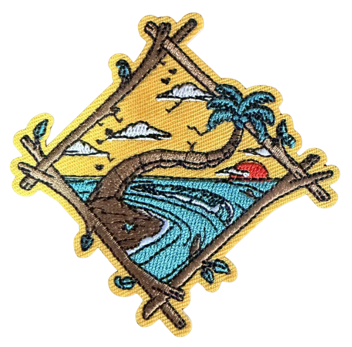 Tropical Beach Diamond Patch by High Desert Hats featuring vibrant tropical beach scene with palm trees and ocean imagery.