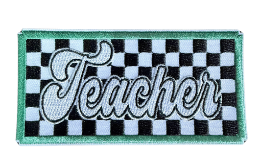 Teacher embroidered patch with black and white checkerboard and teal border