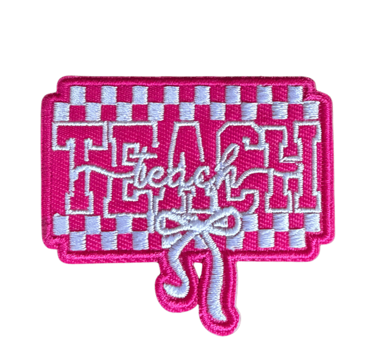 Teach Beach embroidered patch pink checkerboard with bold lettering and bow