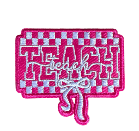 Teach Beach embroidered patch pink checkerboard with bold lettering and bow