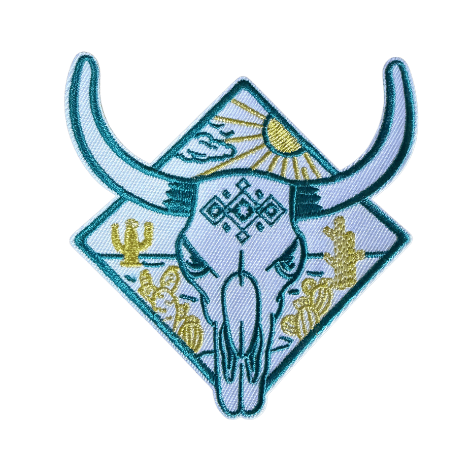 Teacher embroidered patch with black and white checkerboard and teal border