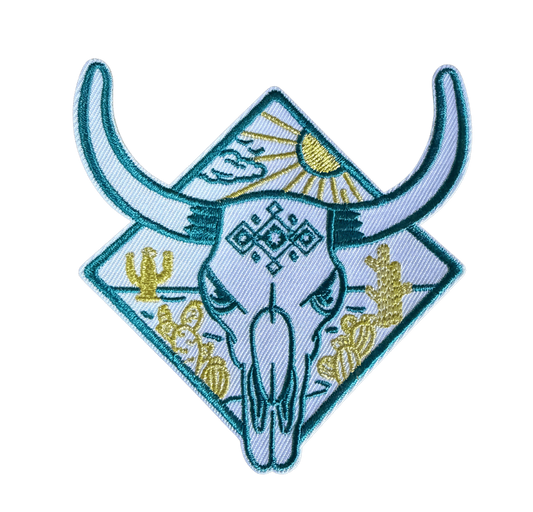 Teacher embroidered patch with black and white checkerboard and teal border