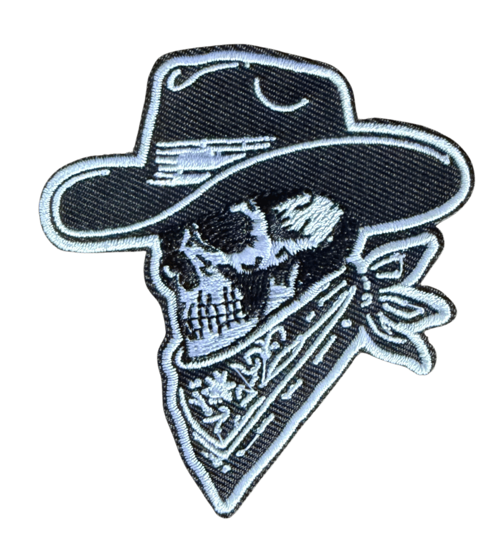 Western skull embroidered patch with detailed outlaw design