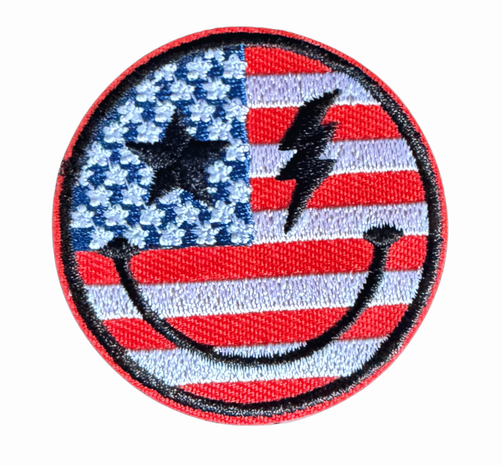 American Smiley embroidered patch with USA flag and lightning bolt eyes