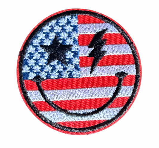American Smiley embroidered patch with USA flag and lightning bolt eyes