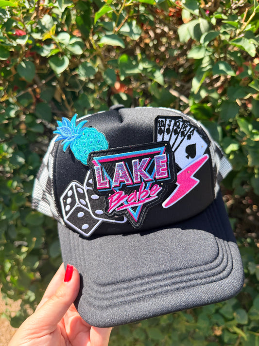High Desert Hats Lake Babe patch trucker hat with mesh back and embroidered front panel, featuring a stylish lake-themed design.