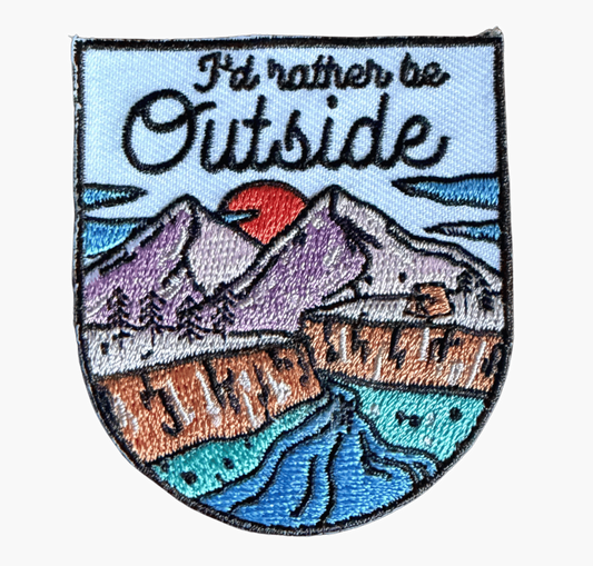 Good Day to Go Outside embroidered patch with mountain landscape shield design