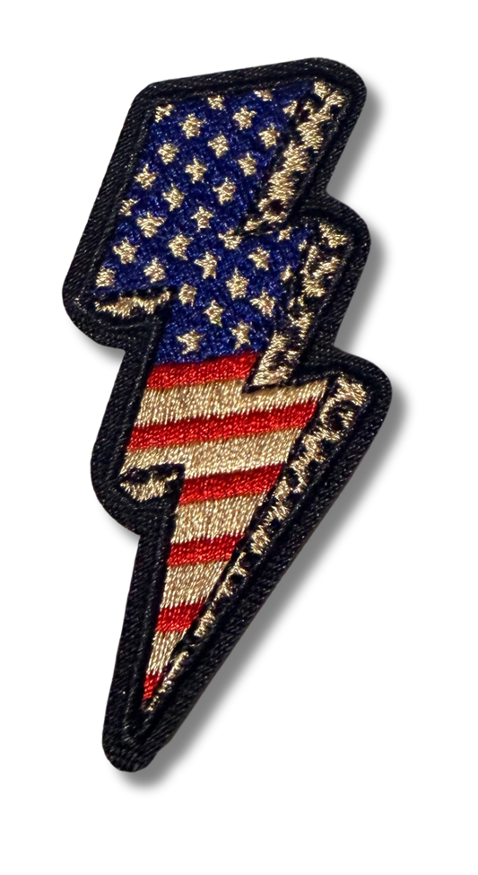 American flag lightning bolt patch by High Desert Hats, featuring vibrant colors and detailed stitching on durable fabric.