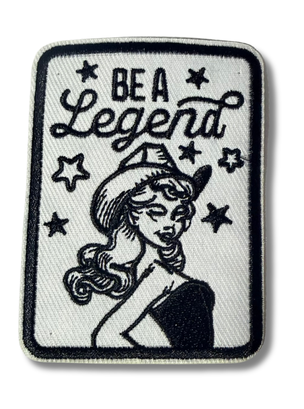 High Desert Hats embroidered patch with "Be a Legend" design showcasing detailed stitching and vibrant colors.