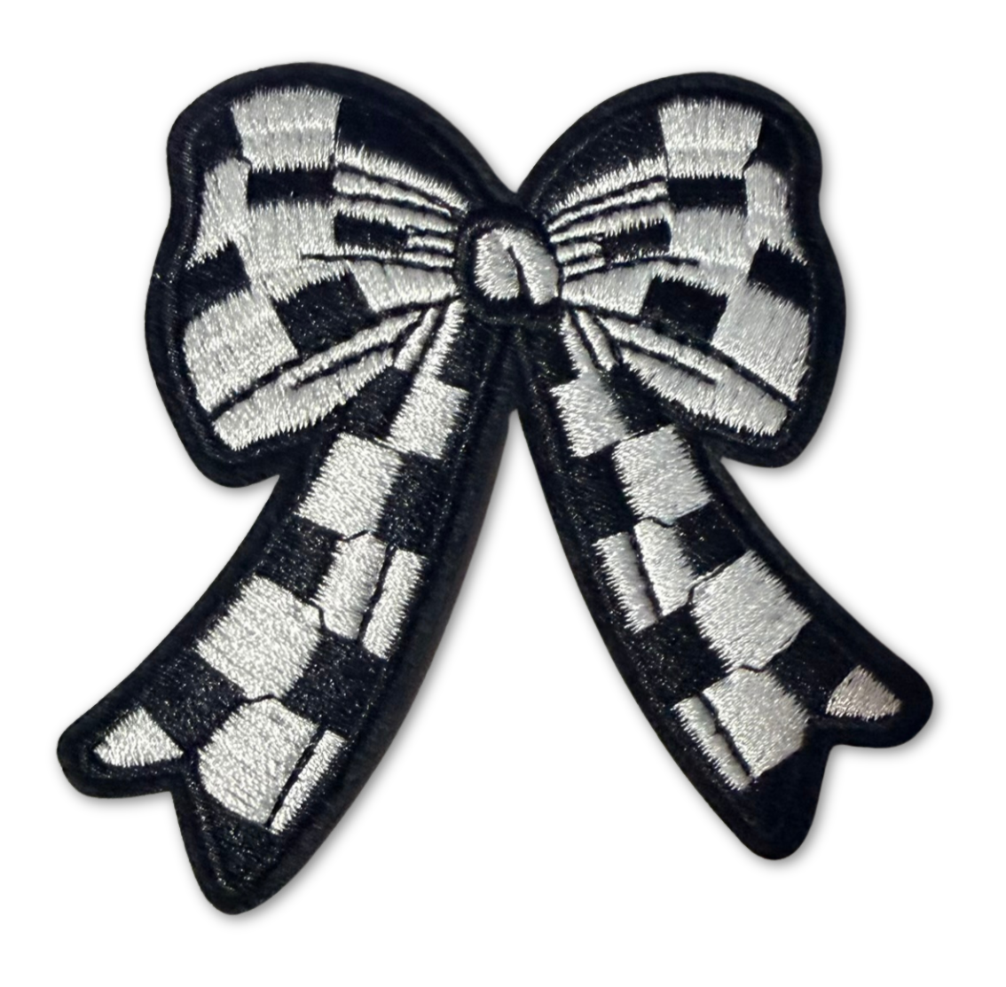 Checkered bow embroidered patch from High Desert Hats, featuring detailed stitching and vibrant checkered design.