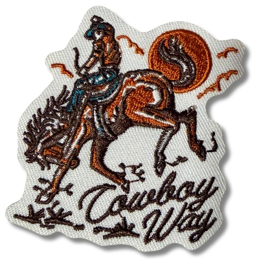 High Desert Hats Cowboy Way embroidered patch featuring detailed Western design with stitched borders and vibrant colors.