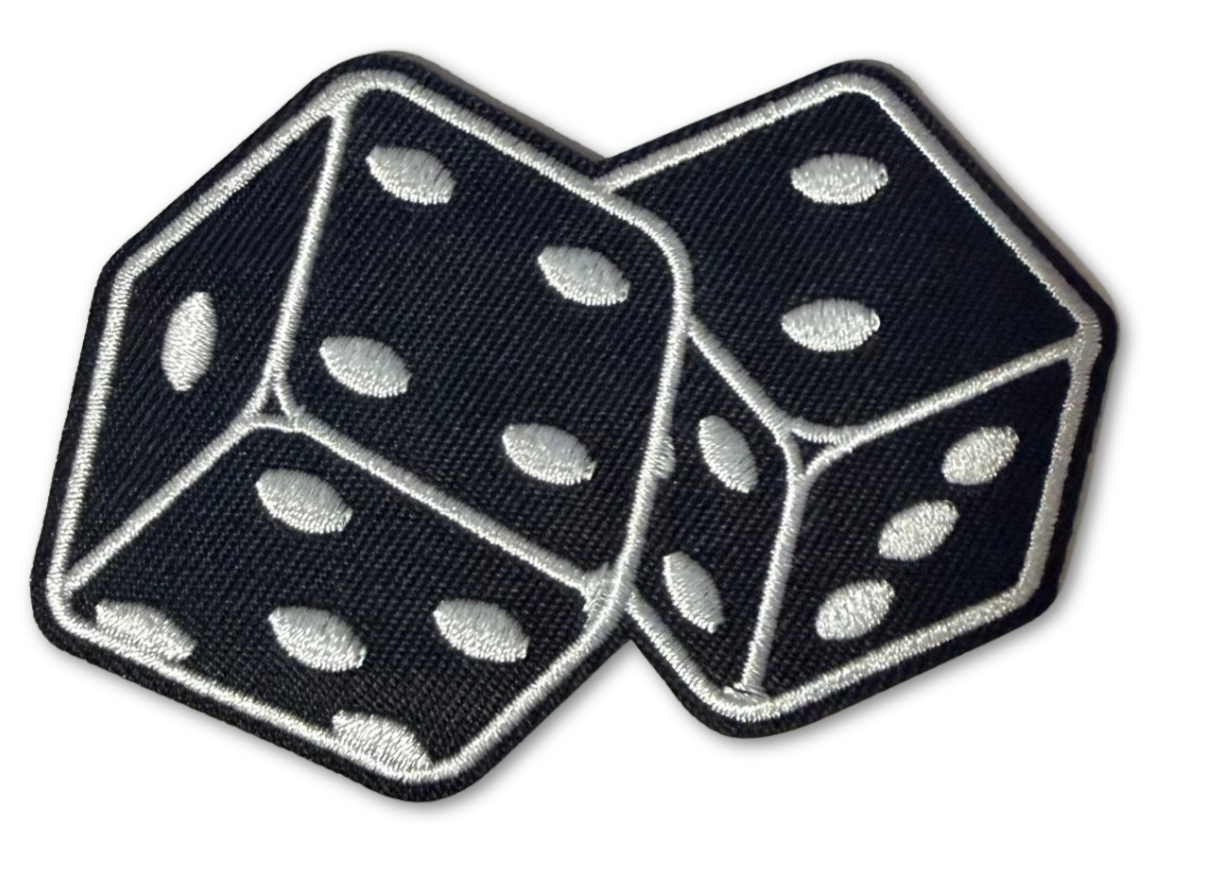 Black embroidered patch with white dice design, featuring High Desert Hats branding, suitable for clothing or accessories.