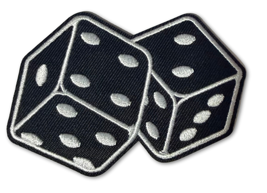 Black embroidered patch with white dice design, featuring High Desert Hats branding, suitable for clothing or accessories.