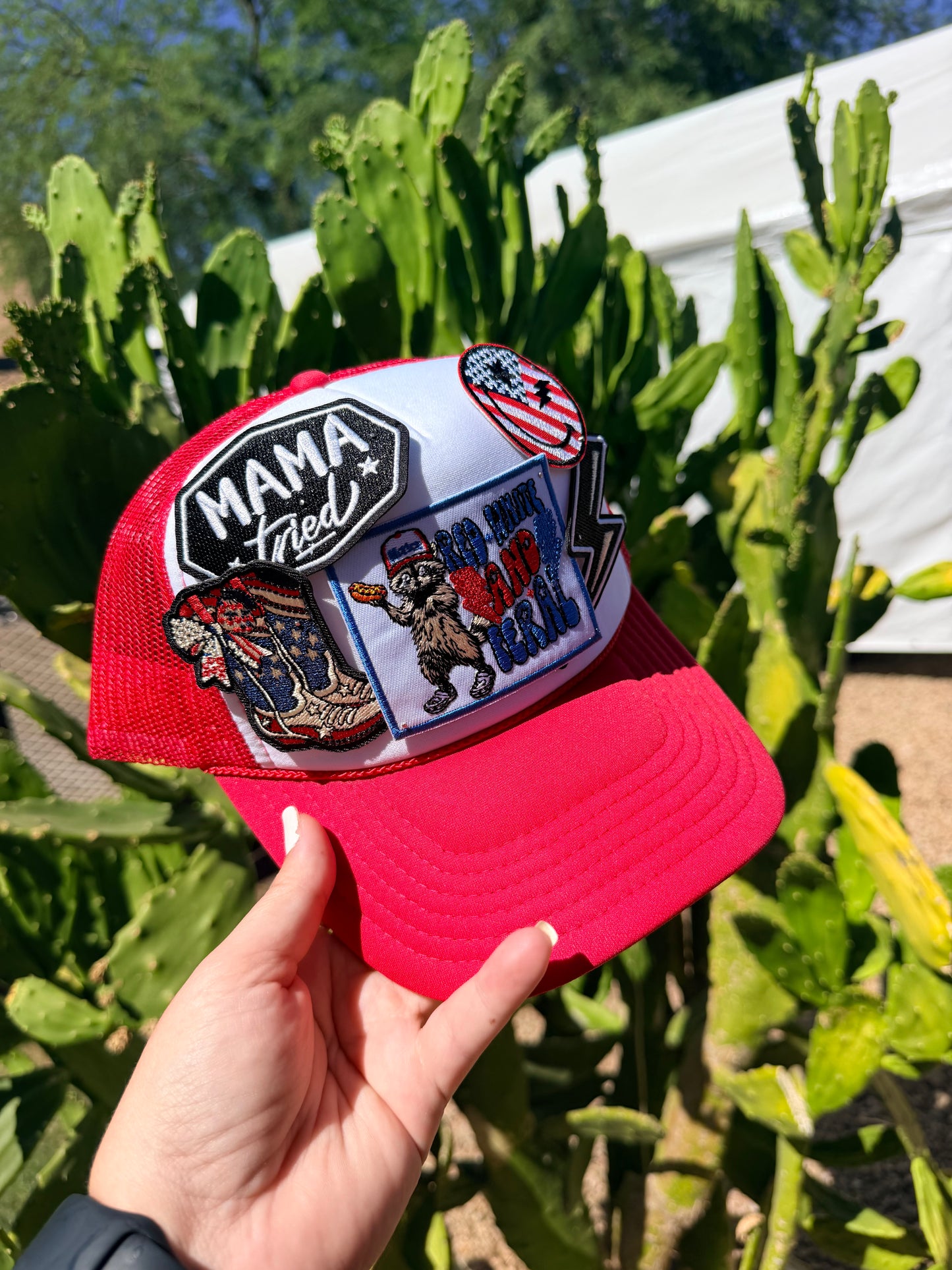 Red, white, and feral-colored High Desert Hats premade hat with a stylish design and comfortable fit.