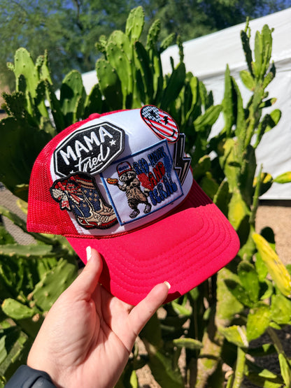 Red, white, and feral-colored High Desert Hats premade hat with a stylish design and comfortable fit.