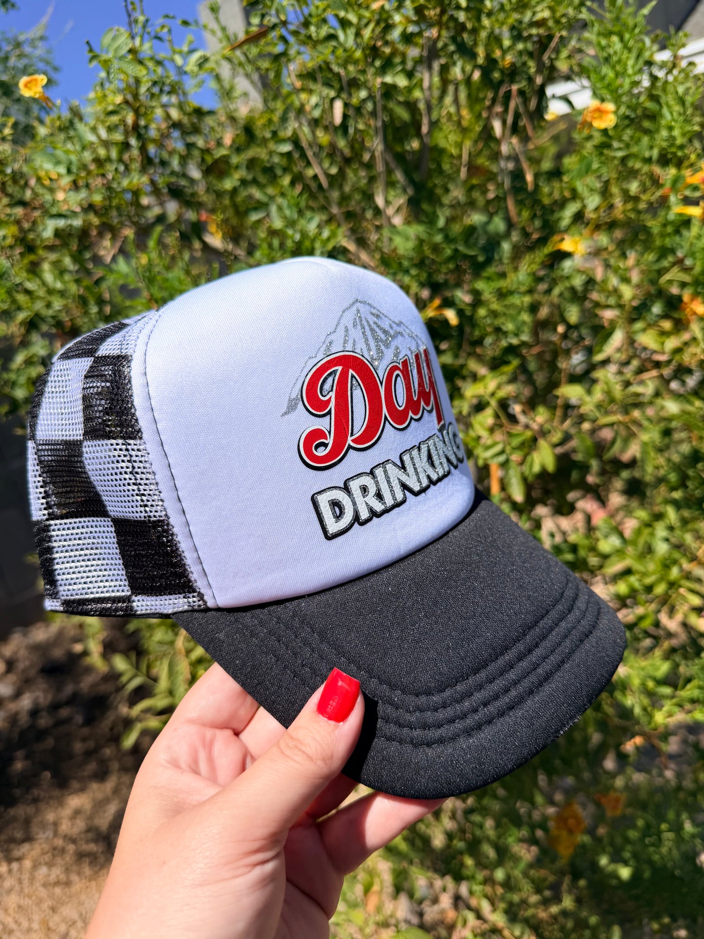 Day Drinking Premade Trucker Hat by High Desert Hats featuring a casual mesh back and graphic front design.