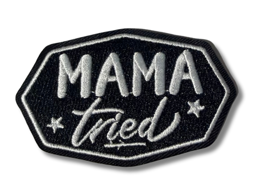 High Desert Hats Mama Tried embroidered patch with detailed stitching, featuring vintage motorcycle design on fabric patch.