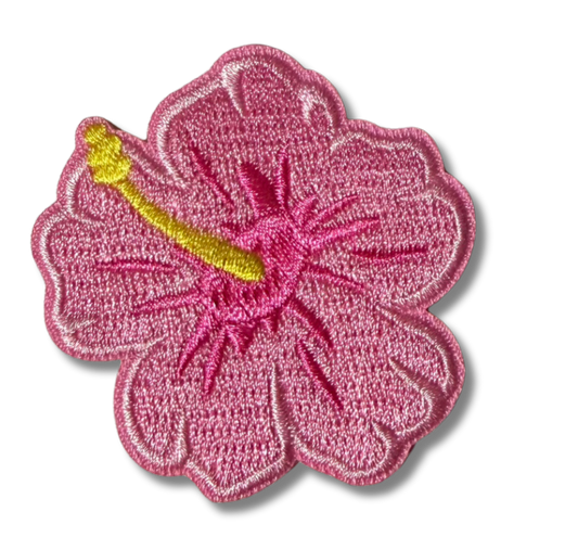 Pink hibiscus embroidered patch with detailed floral design, perfect for decorating hats or clothing by High Desert Hats.