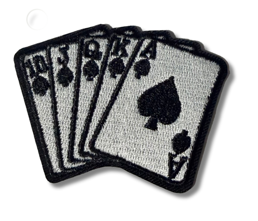 Embroidered Royal Flush Spades patch by High Desert Hats featuring detailed spade design on a fabric patch.