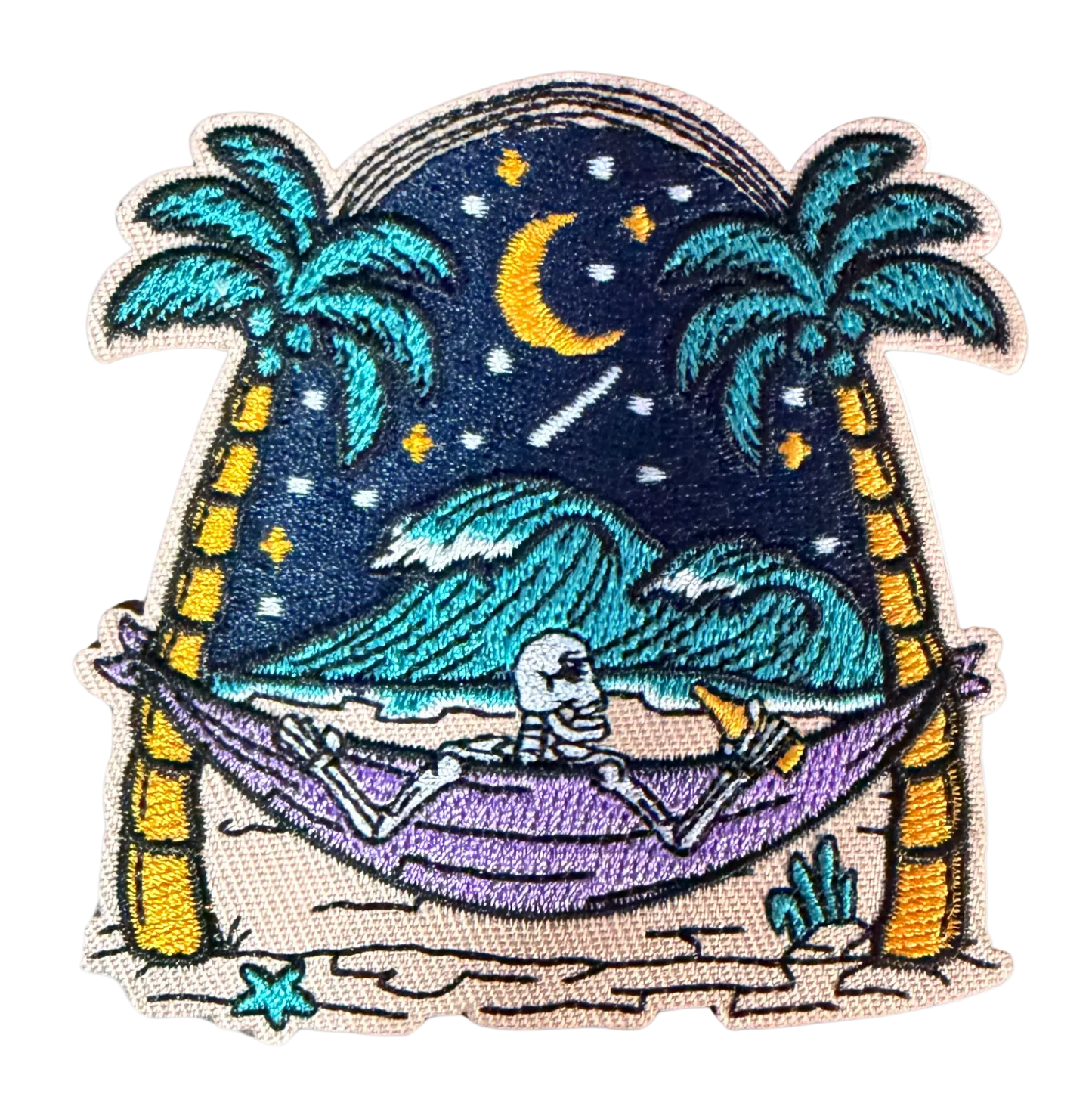 Skeleton in hammock between palm trees under starry night sky patch