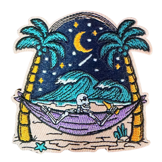 Skeleton in hammock between palm trees under starry night sky patch