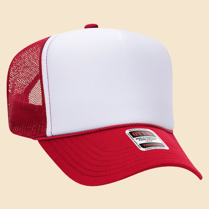 Red and white OTTO 5-panel mesh trucker hat by High Desert Hats, featuring classic trucker style with breathable mesh panels.