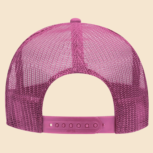 Pink and white OTTO 5-panel mesh trucker hat by High Desert Hats featuring breathable mesh panels and a stylish casual design.