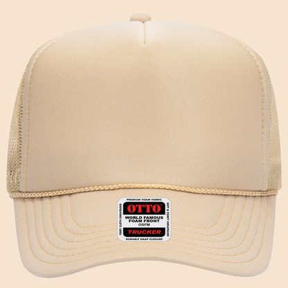 Tan and tan OTTO 5-panel mesh trucker hat by High Desert Hats featuring breathable mesh panels and a classic cap design.