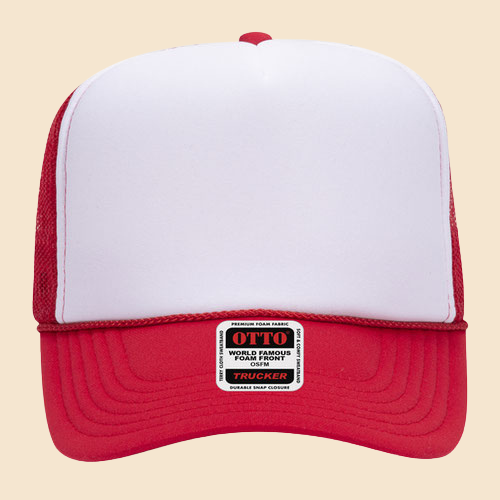 Red and white OTTO 5-panel mesh trucker hat by High Desert Hats, featuring breathable mesh panels and a classic snapback closure.
