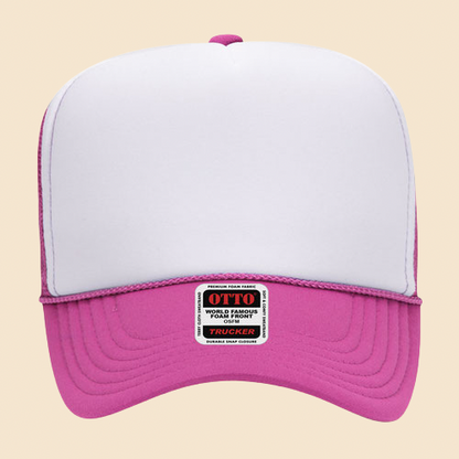 Pink and white OTTO 5-panel mesh trucker hat by High Desert Hats featuring breathable mesh and adjustable strap.