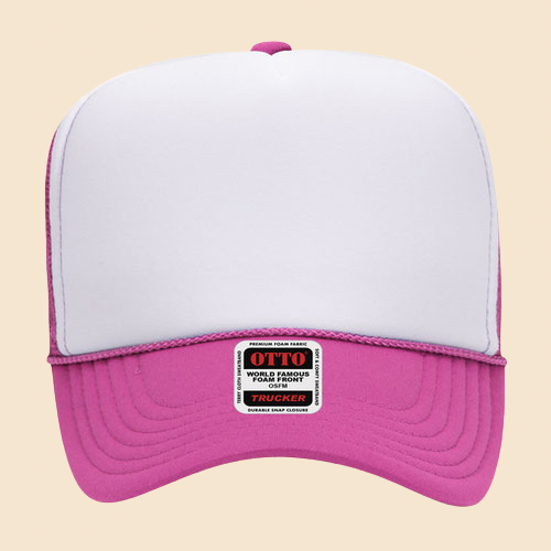 Pink and white OTTO 5-panel mesh trucker hat by High Desert Hats featuring breathable mesh and adjustable strap.