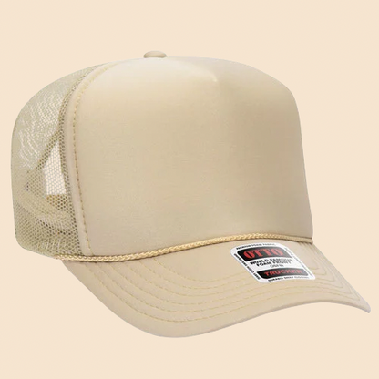 Tan and tan OTTO 5-panel mesh trucker hat by High Desert Hats featuring breathable mesh panels and a classic snapback closure.