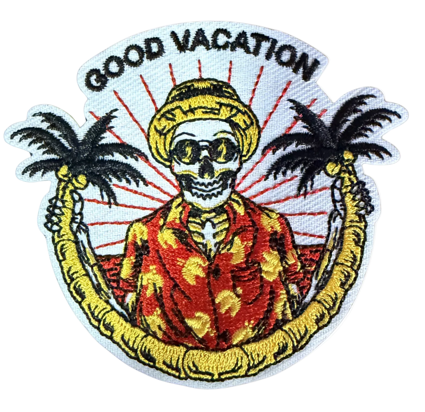 Good Vacation Skeleton patch by High Desert Hats, featuring a detailed skeleton design on fabric patch for clothing or accessories.
