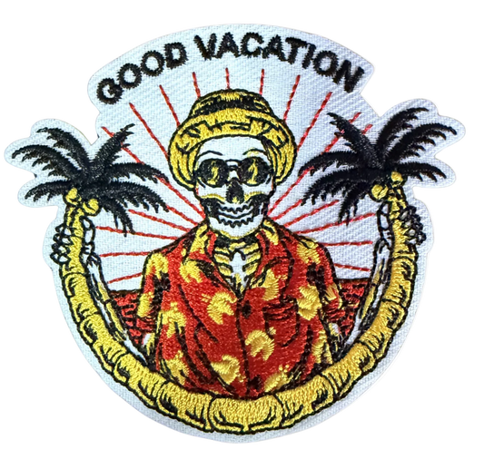 Good Vacation Skeleton patch by High Desert Hats, featuring a detailed skeleton design on fabric patch for clothing or accessories.