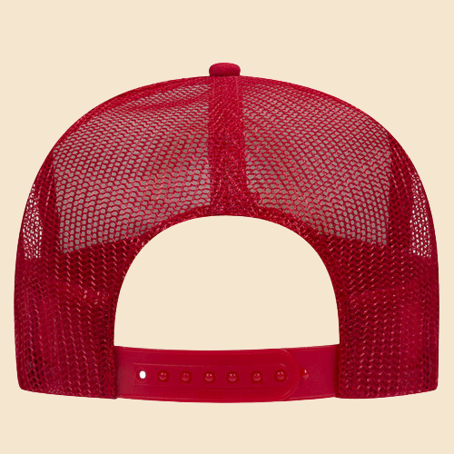 Red and white OTTO 5-panel mesh trucker hat by High Desert Hats, featuring breathable mesh panels and adjustable strap.