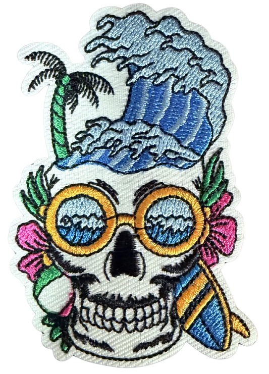 High Desert Hats Surfer Skull patch featuring a skull wearing sunglasses, ideal for clothing or accessories customization.