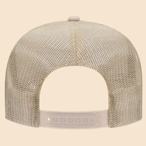 Tan and Tan OTTO 5-panel mesh trucker hat by High Desert Hats featuring a structured cap with mesh sides and adjustable strap.