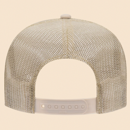 Tan and Tan OTTO 5-panel mesh trucker hat by High Desert Hats featuring a structured cap with mesh sides and adjustable strap.