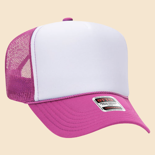 Pink and white OTTO 5-panel mesh trucker hat by High Desert Hats, featuring breathable mesh panels and a structured crown.