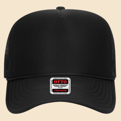 Black and black OTTO 5-panel mesh trucker hat by High Desert Hats, featuring breathable mesh panels and a curved brim.