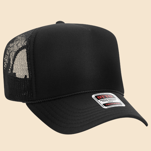 Black and black OTTO 5-panel mesh trucker hat by High Desert Hats, featuring a structured crown and adjustable snapback closure.